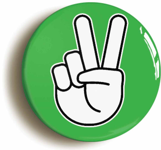 A picture of the front of the product, titled Peace Sign V Green Button Pin Badge