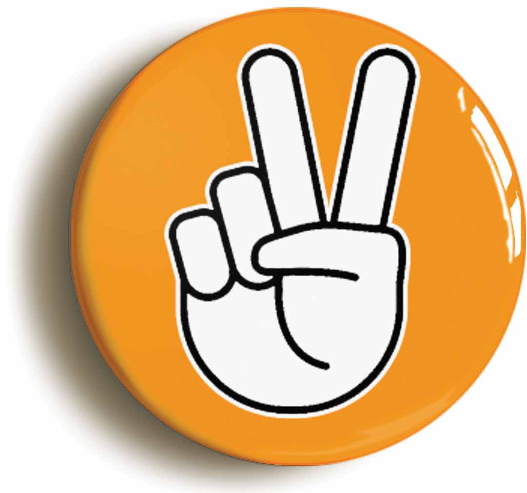 A picture of the front of the product, titled Peace Sign V Orange Button Pin Badge