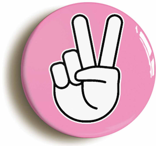 A picture of the front of the product, titled Peace Sign V Pink Button Pin Badge