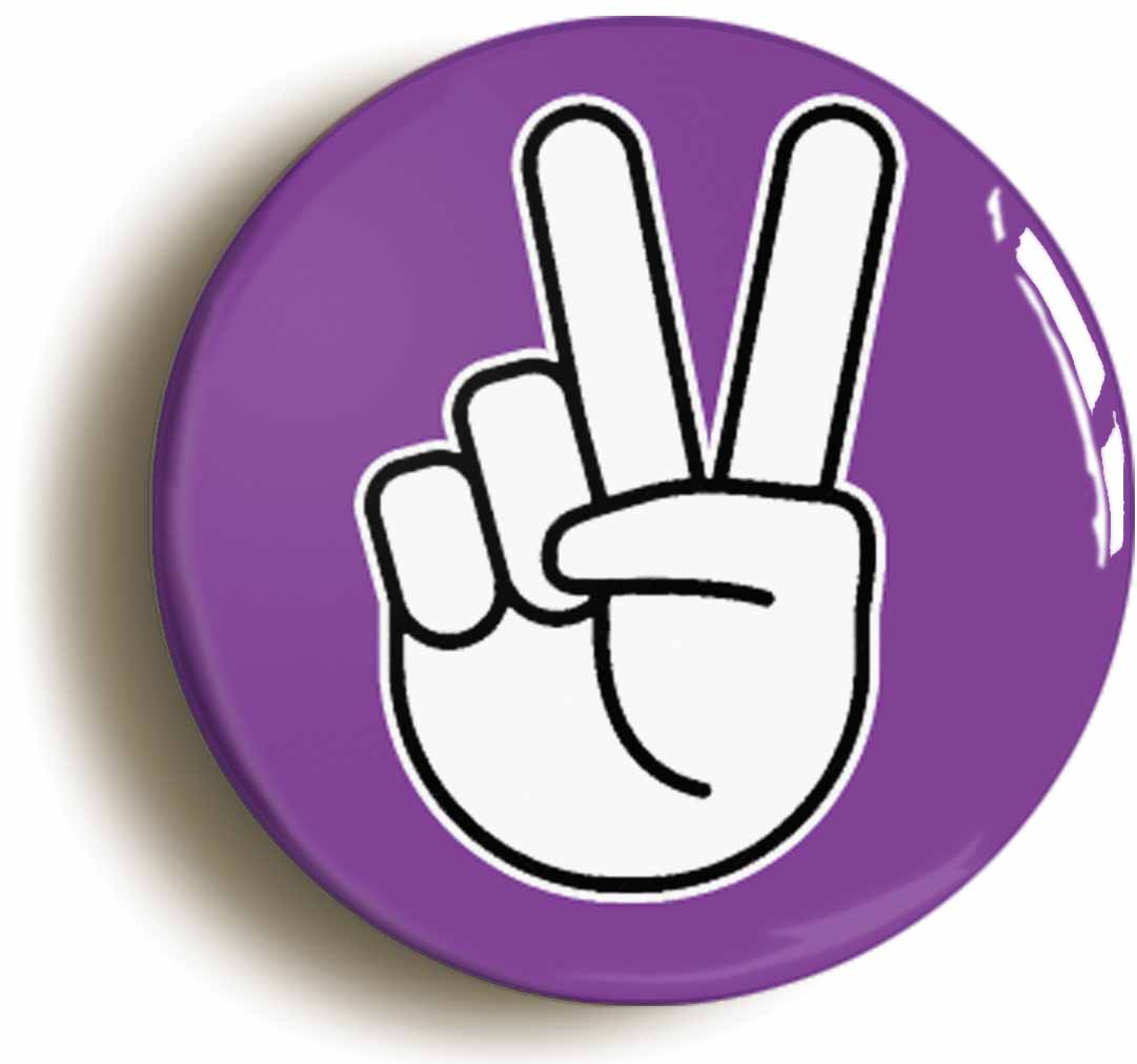 A picture of the front of the product, titled Peace Sign V Purple Button Pin Badge