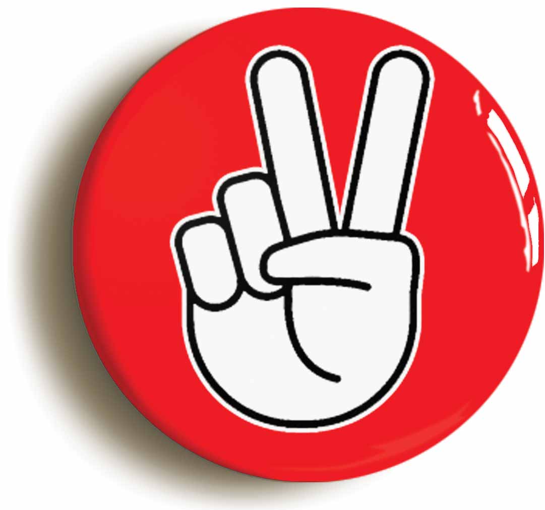 A picture of the front of the product, titled Peace Sign V Red Button Pin Badge