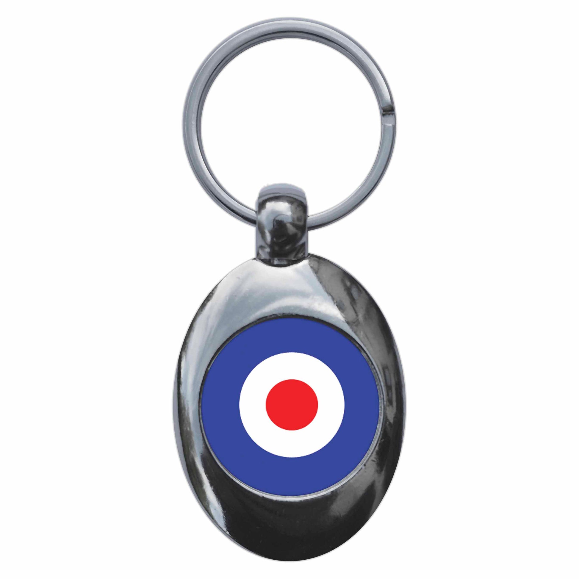 A picture of the front of the product, titled Mod Roundel Target Metal Keyring With Trolley Coin