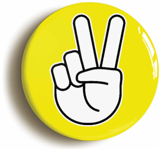 A picture of the front of the product, titled Peace Sign V Yellow Button Pin Badge
