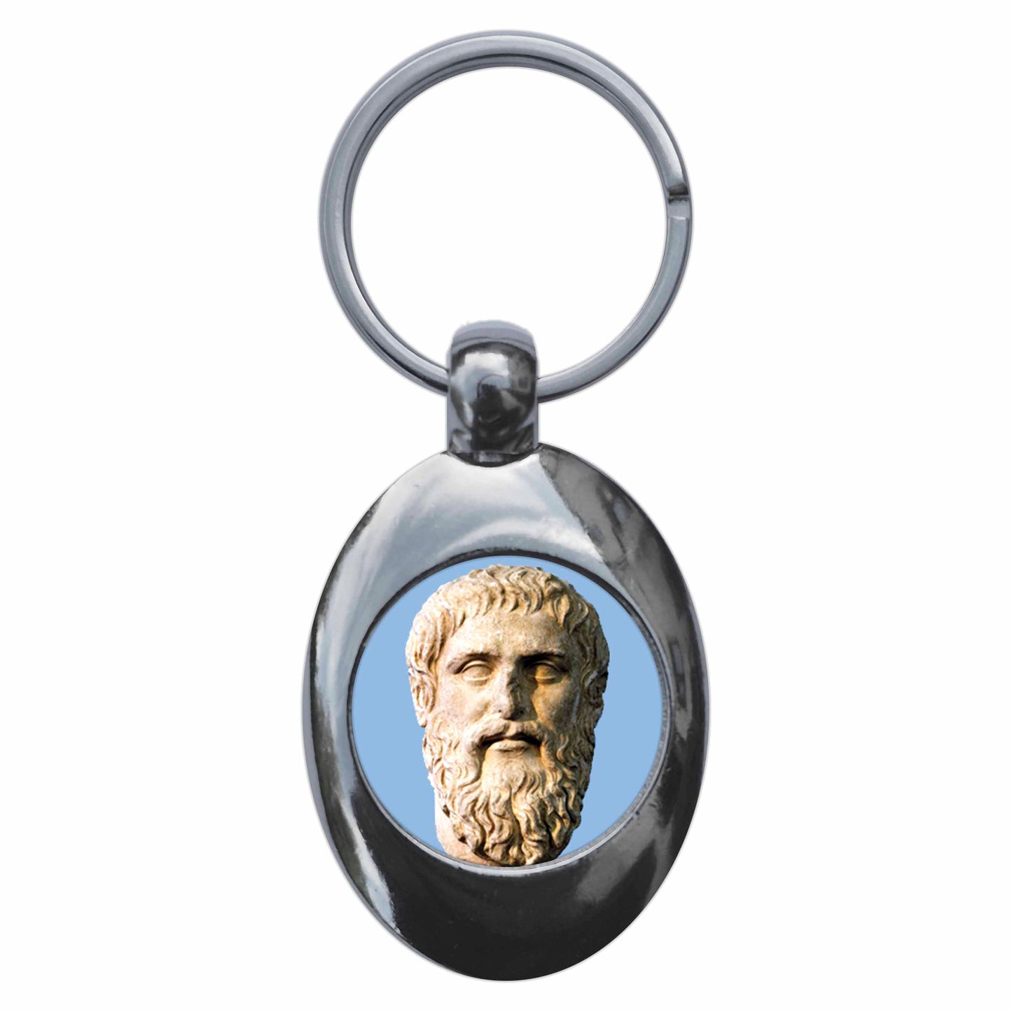 A picture of the front of the product, titled Plato Philosophy Metal Keyring With Trolley Coin