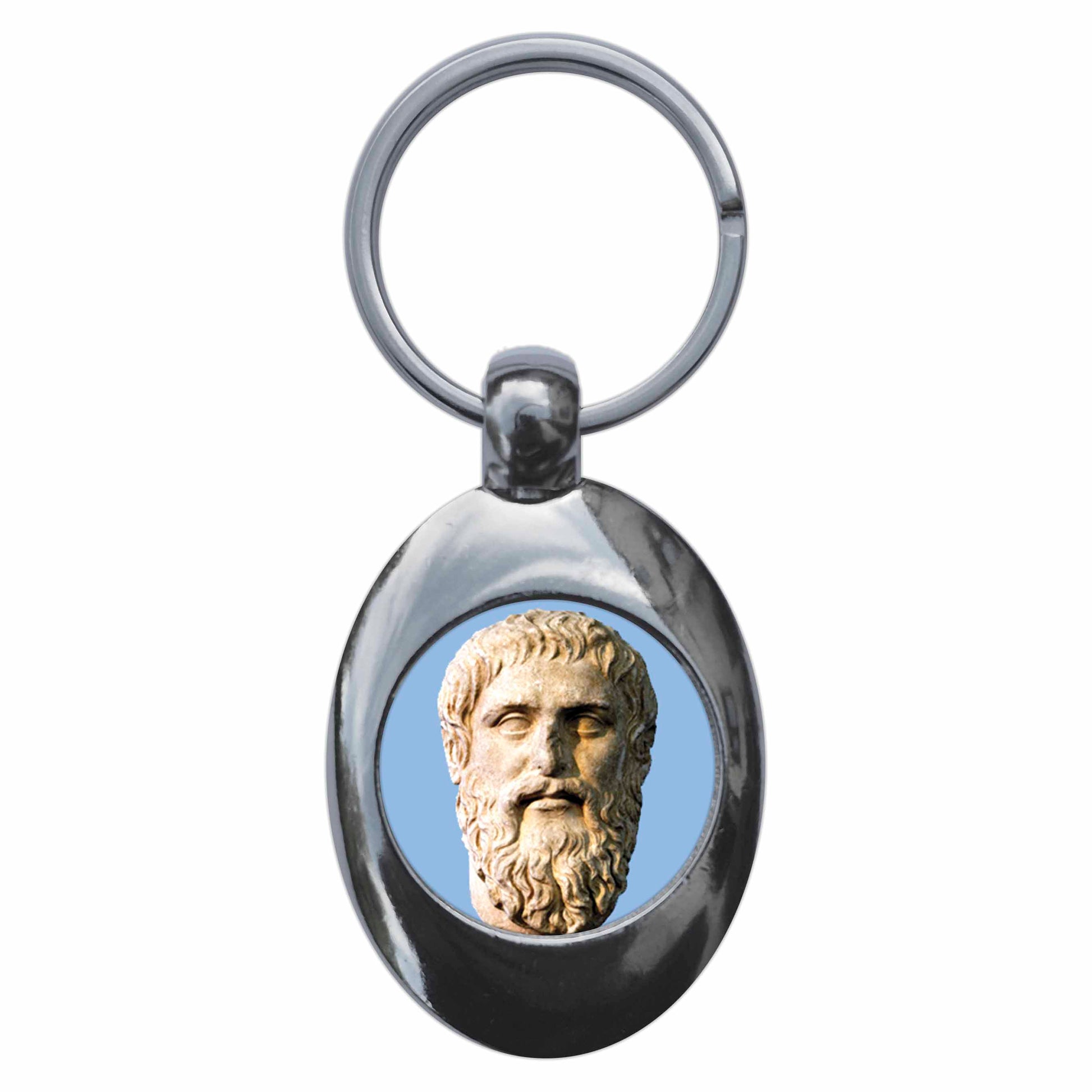 A picture of the front of the product, titled Plato Philosophy Metal Keyring With Trolley Coin