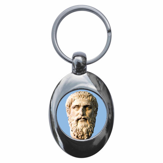 A picture of the front of the product, titled Plato Philosophy Metal Keyring With Trolley Coin