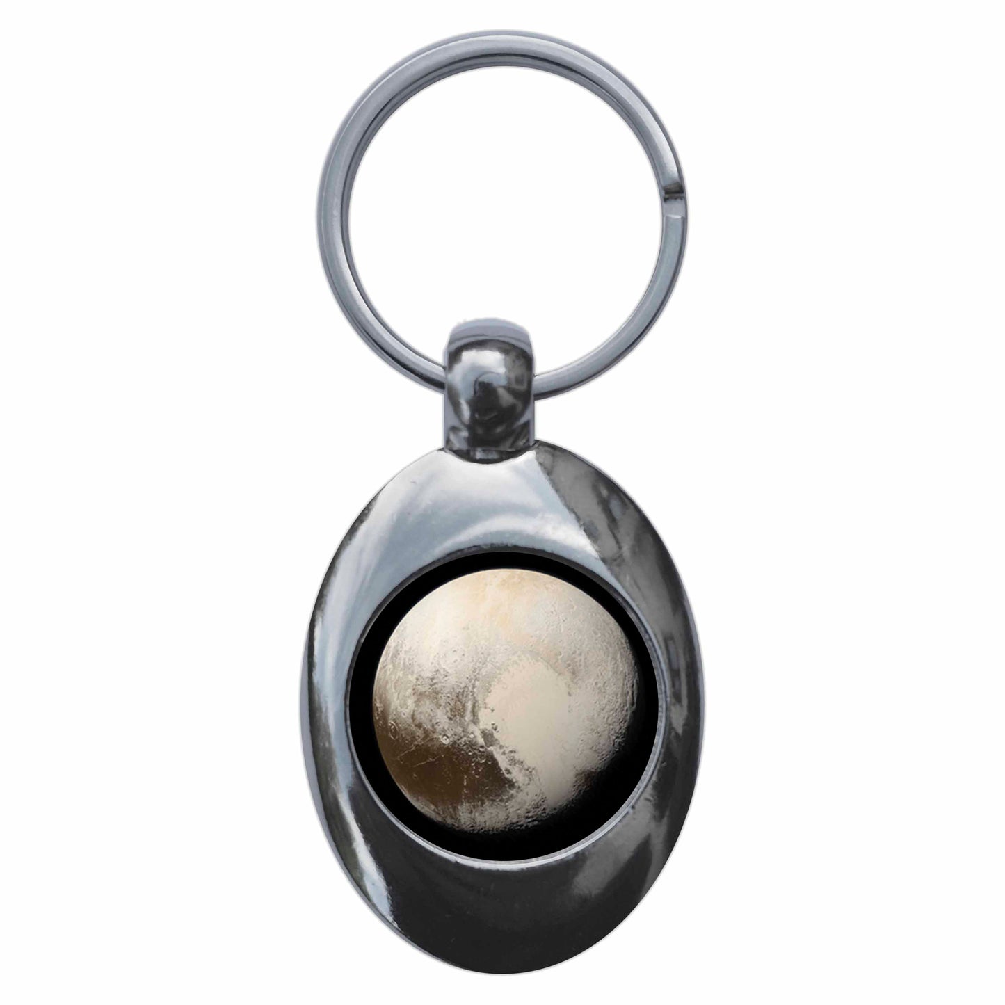 A picture of the front of the product, titled Planet Pluto Metal Keyring With Trolley Coin