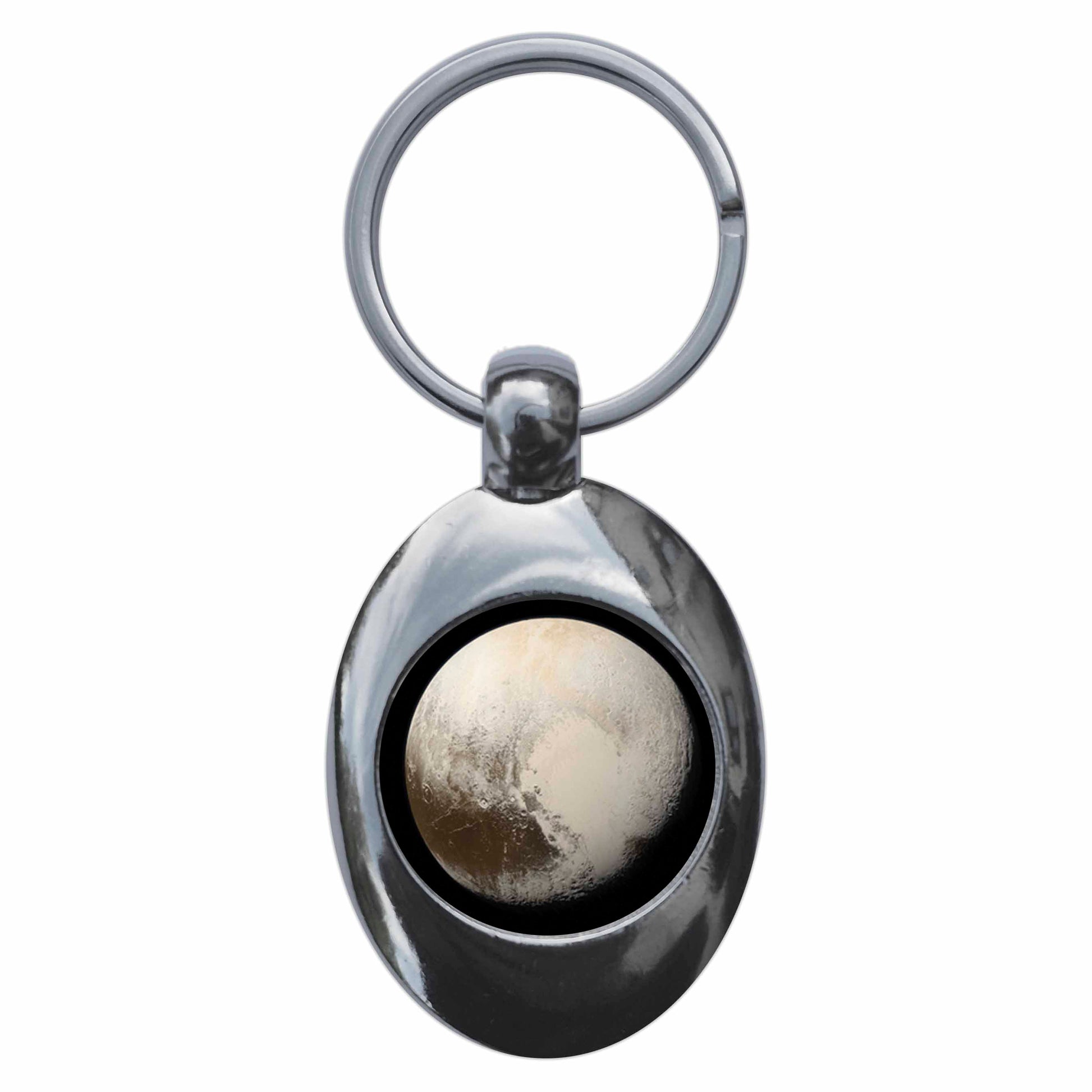 A picture of the front of the product, titled Planet Pluto Metal Keyring With Trolley Coin