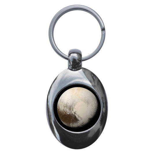 A picture of the front of the product, titled Planet Pluto Metal Keyring With Trolley Coin