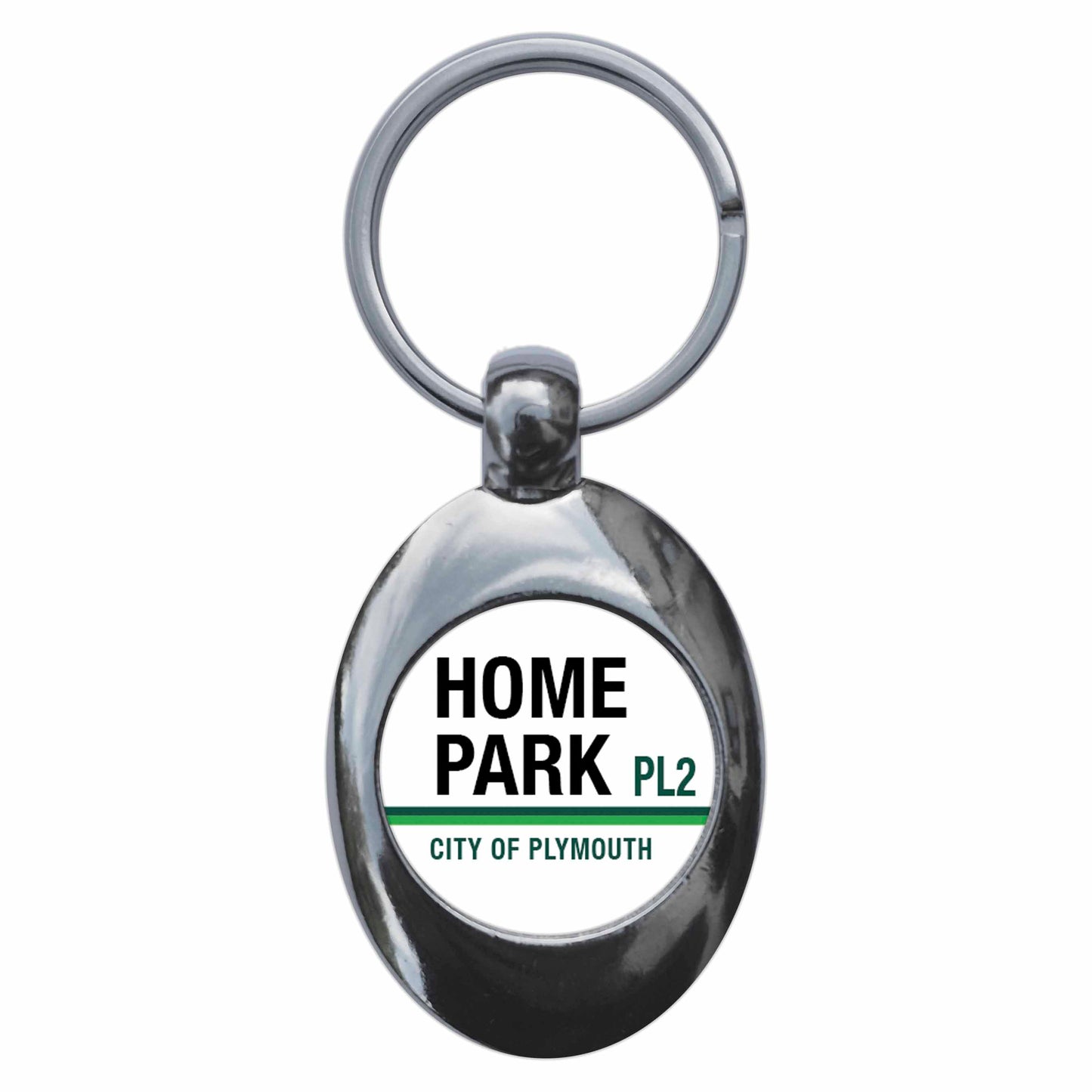 A picture of the front of the product, titled Home Park City Of Plymouth PL2 Road Sign Metal Keyring With Trolley Coin