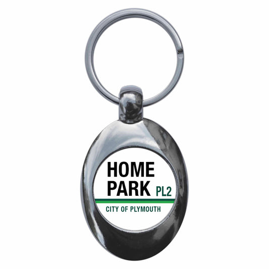 A picture of the front of the product, titled Home Park City Of Plymouth PL2 Road Sign Metal Keyring With Trolley Coin