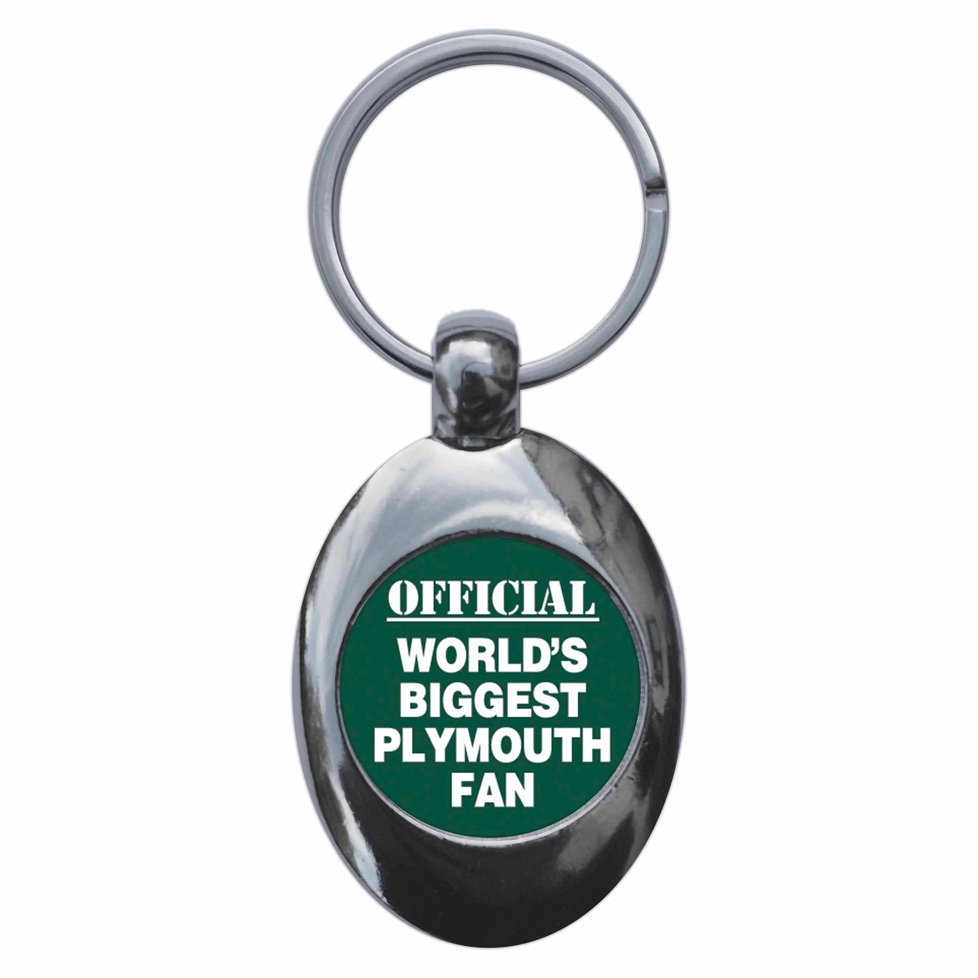 A picture of the front of the product, titled World's Biggest Plymouth Fan Metal Keyring With Trolley Coin