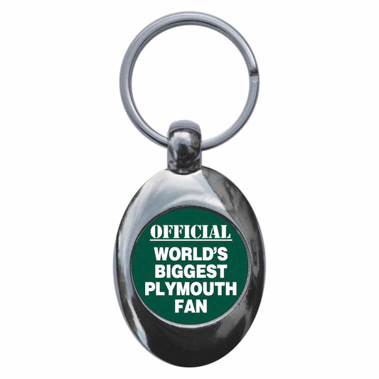 A picture of the front of the product, titled World's Biggest Plymouth Fan Metal Keyring With Trolley Coin