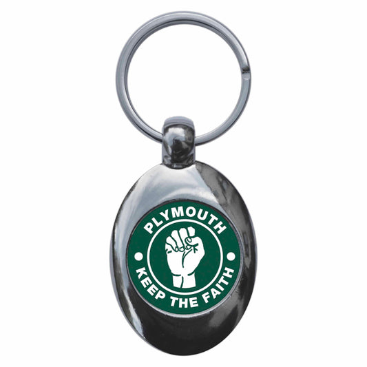 A picture of the front of the product, titled Plymouth Keep The Faith Northern Soul Metal Keyring With Trolley Coin