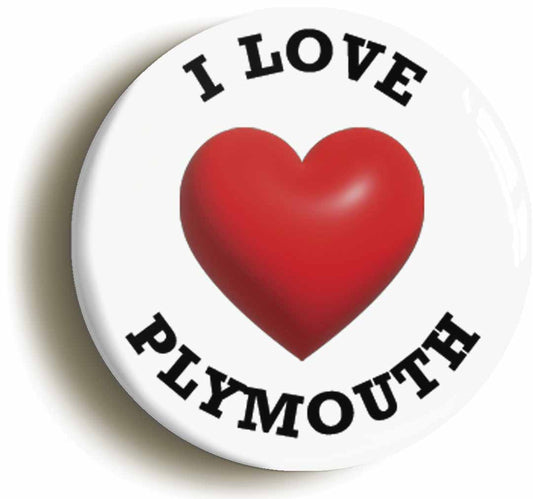 A picture of the front of the product, titled I Heart Love Plymouth Location Circular 50mm Fridge Magnet