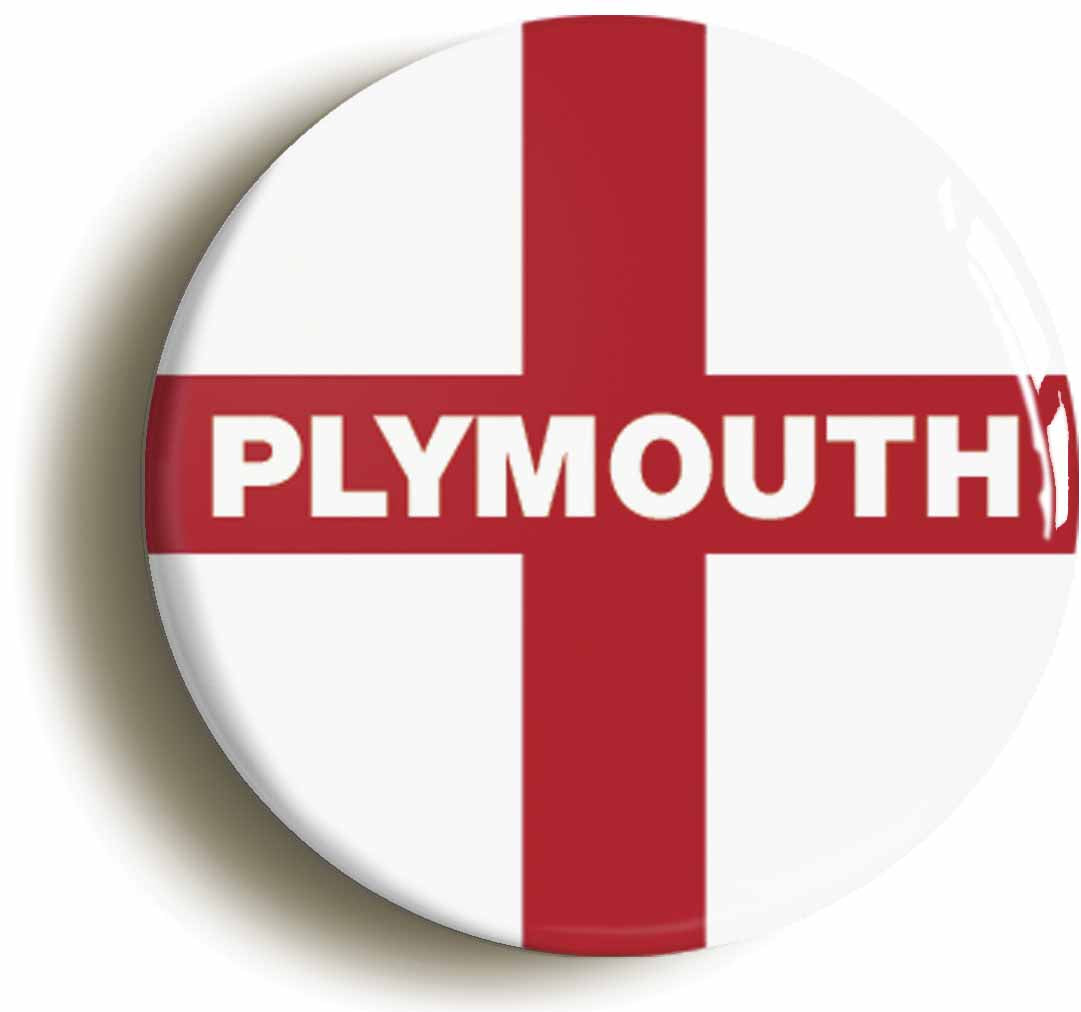 A picture of the front of the product, titled Plymouth England Flag Circular 50mm Fridge Magnet