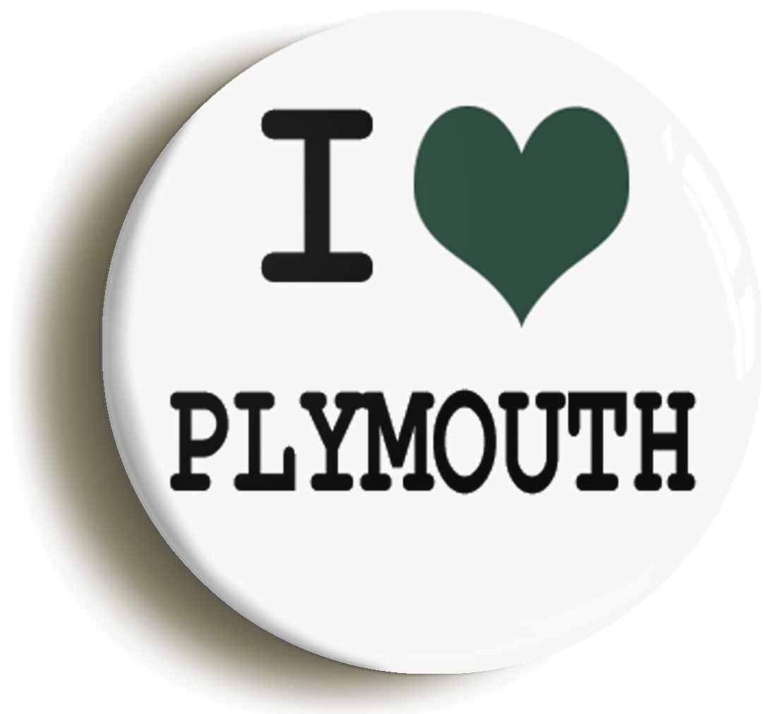 A picture of the front of the product, titled I Heart Love Plymouth Circular 50mm Fridge Magnet