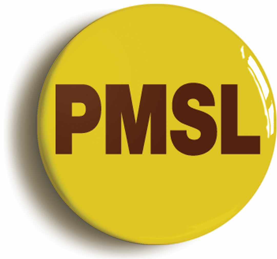 A picture of the front of the product, titled PMSL Funny Button Pin Badge