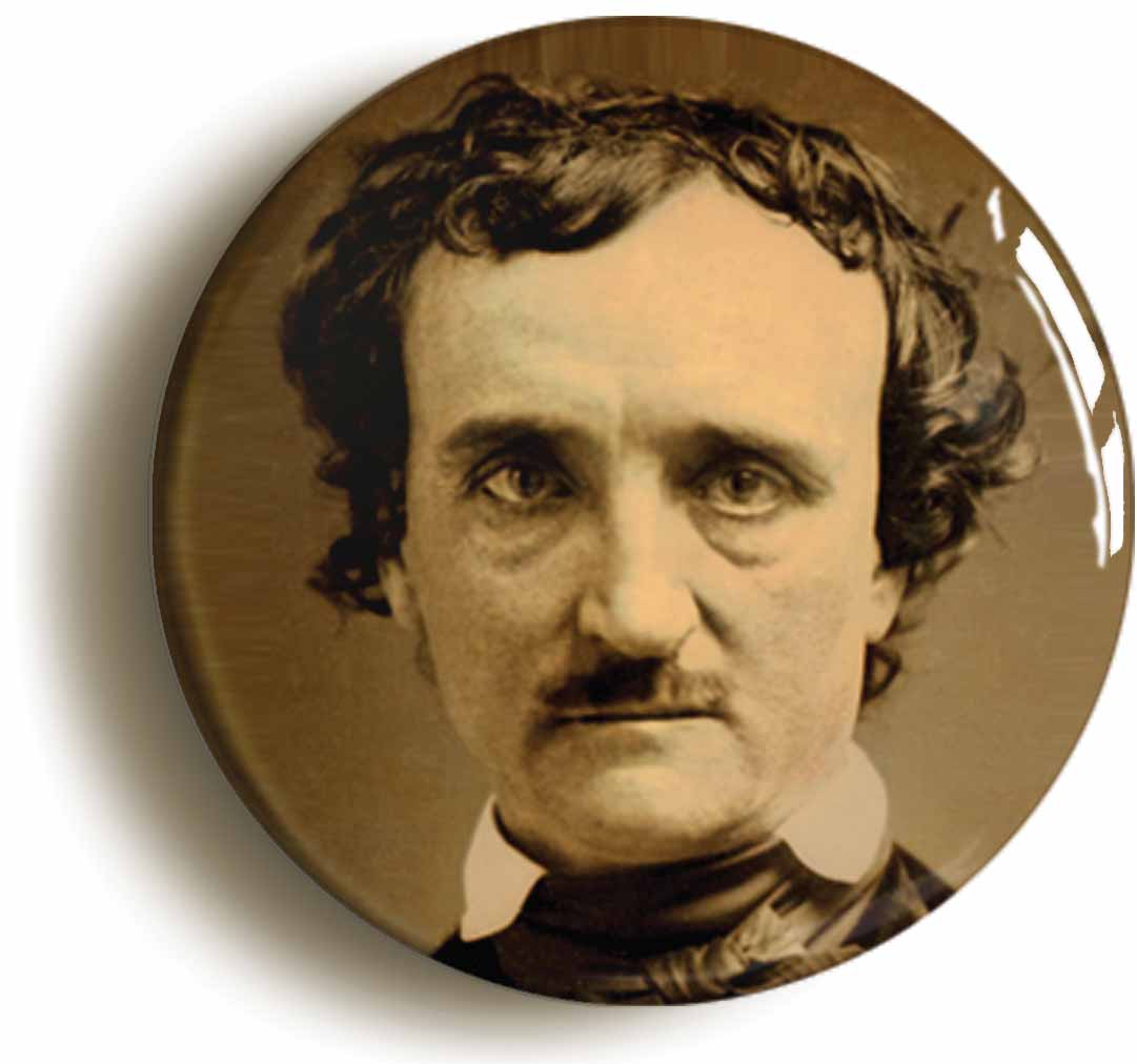 A picture of the front of the product, titled Edgar Allan Poe Portrait Circular 50mm Fridge Magnet