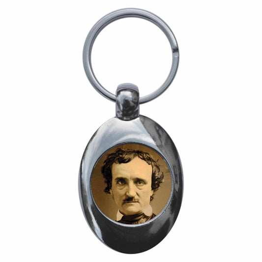 A picture of the front of the product, titled Edgar Allan Poe Portrait Metal Keyring With Trolley Coin