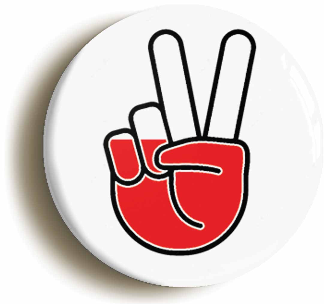 A picture of the front of the product, titled Poland Polish National Flag Peace Sign V Button Pin Badge