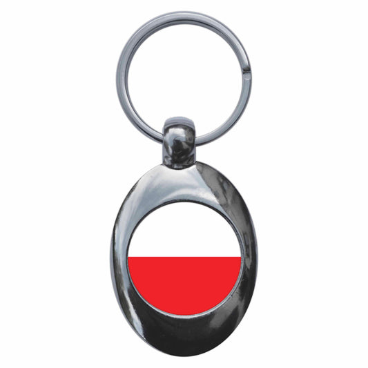 A picture of the front of the product, titled Poland Polish National Flag Metal Keyring With Trolley Coin