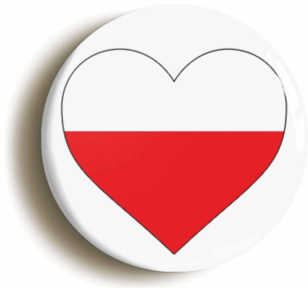 A picture of the front of the product, titled Poland Polish Flag Heart Button Pin Badge