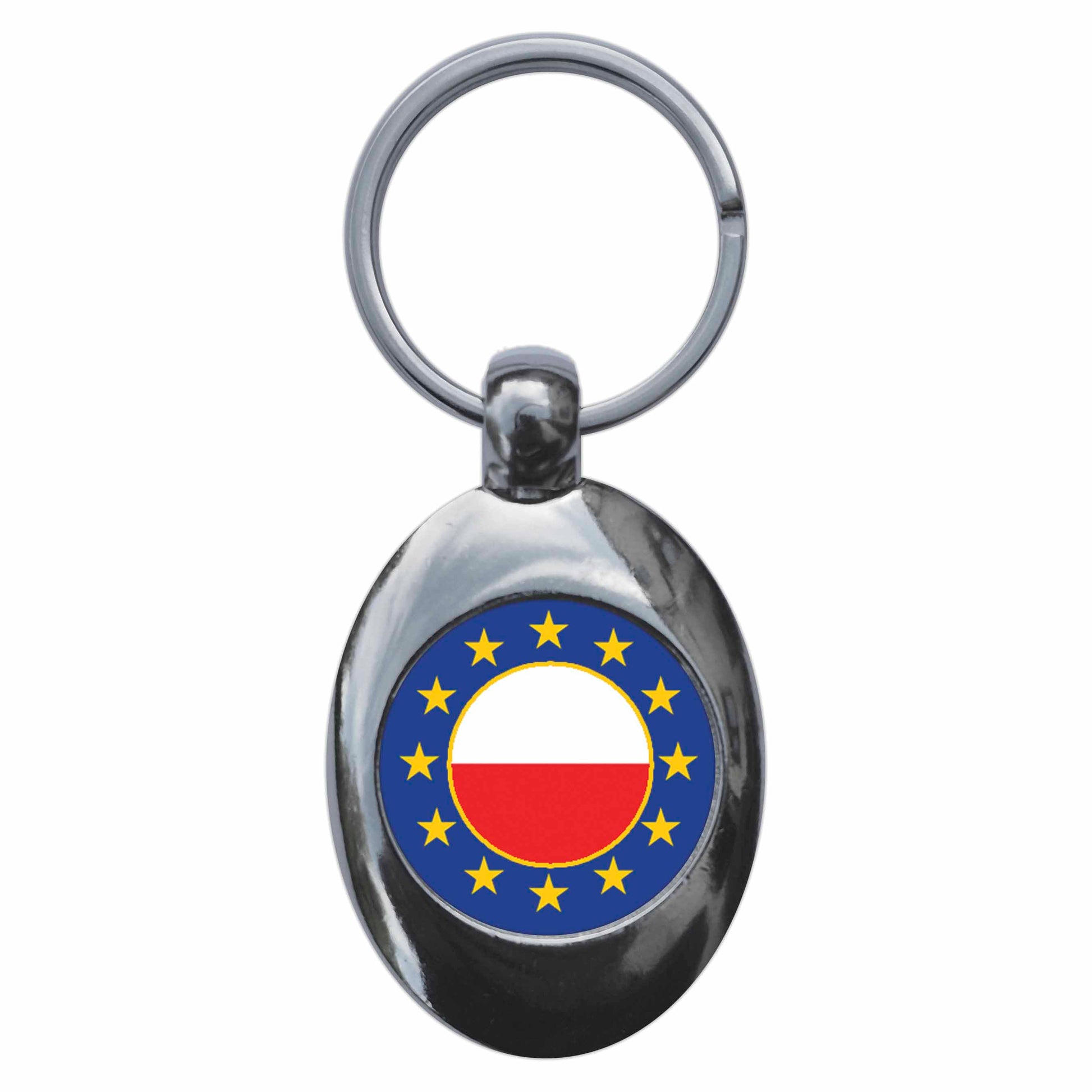 A picture of the front of the product, titled Poland European Union Split Flag Metal Keyring With Trolley Coin