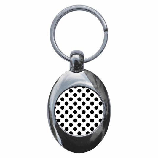 A picture of the front of the product, titled Polka Dot Metal Keyring With Trolley Coin