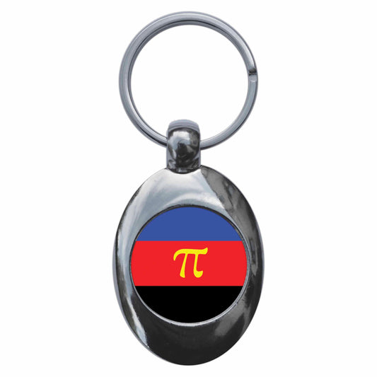 A picture of the front of the product, titled Polyamorous Flag Metal Keyring With Trolley Coin