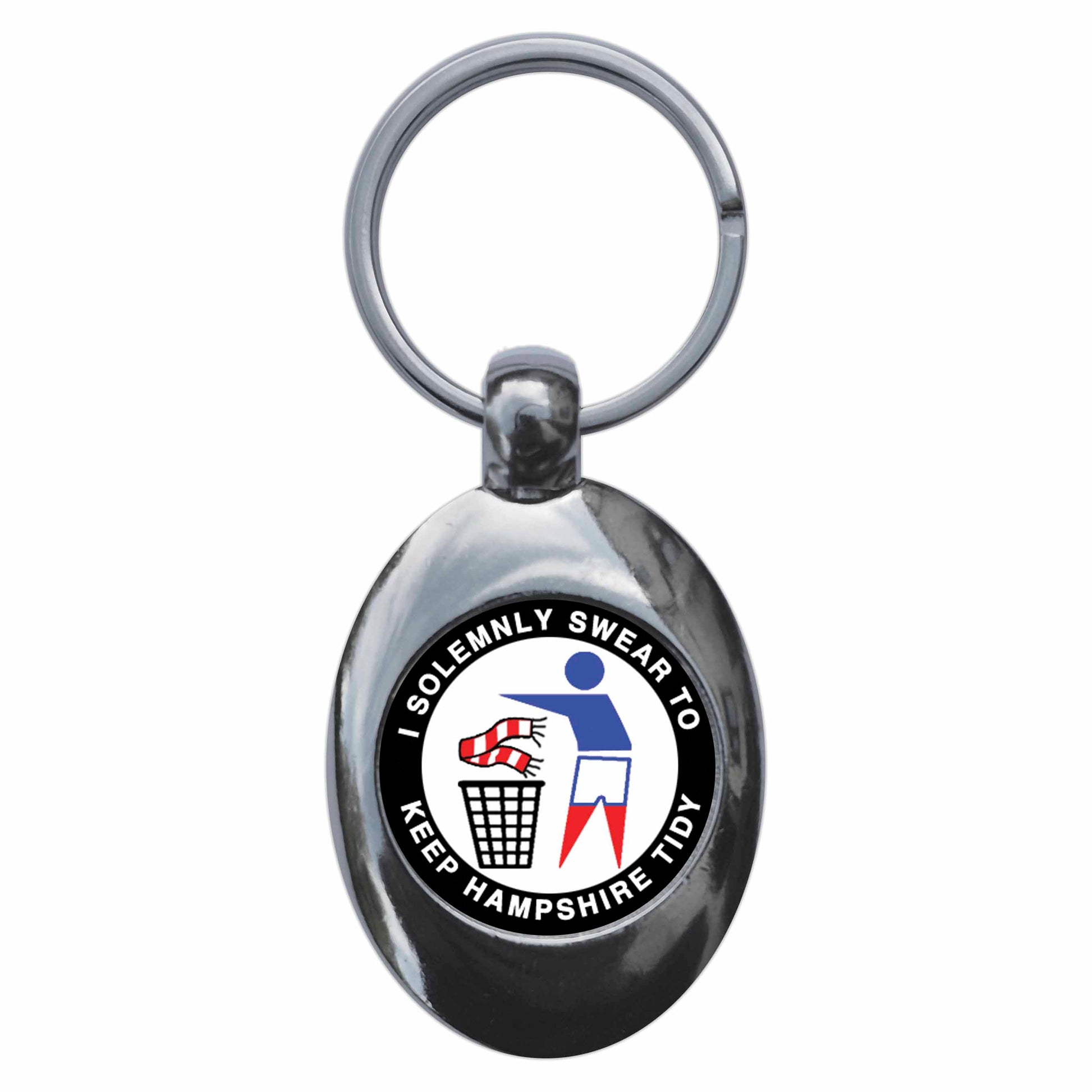 A picture of the front of the product, titled I Swear To Keep Hampshire Tidy Portsmouth Metal Keyring With Trolley Coin