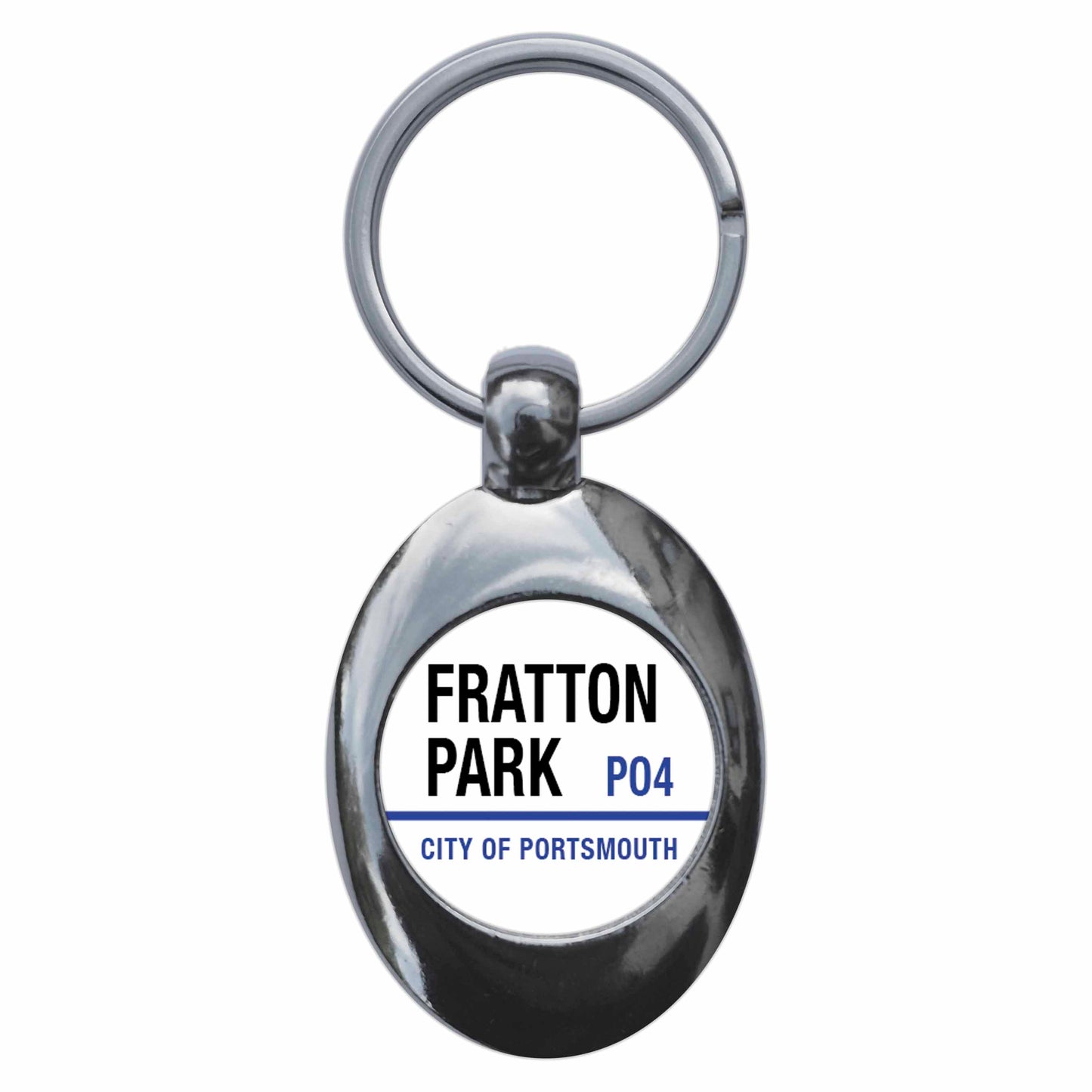 A picture of the front of the product, titled Fratton Park City Of Portsmouth PO4 Road Sign Metal Keyring With Trolley Coin