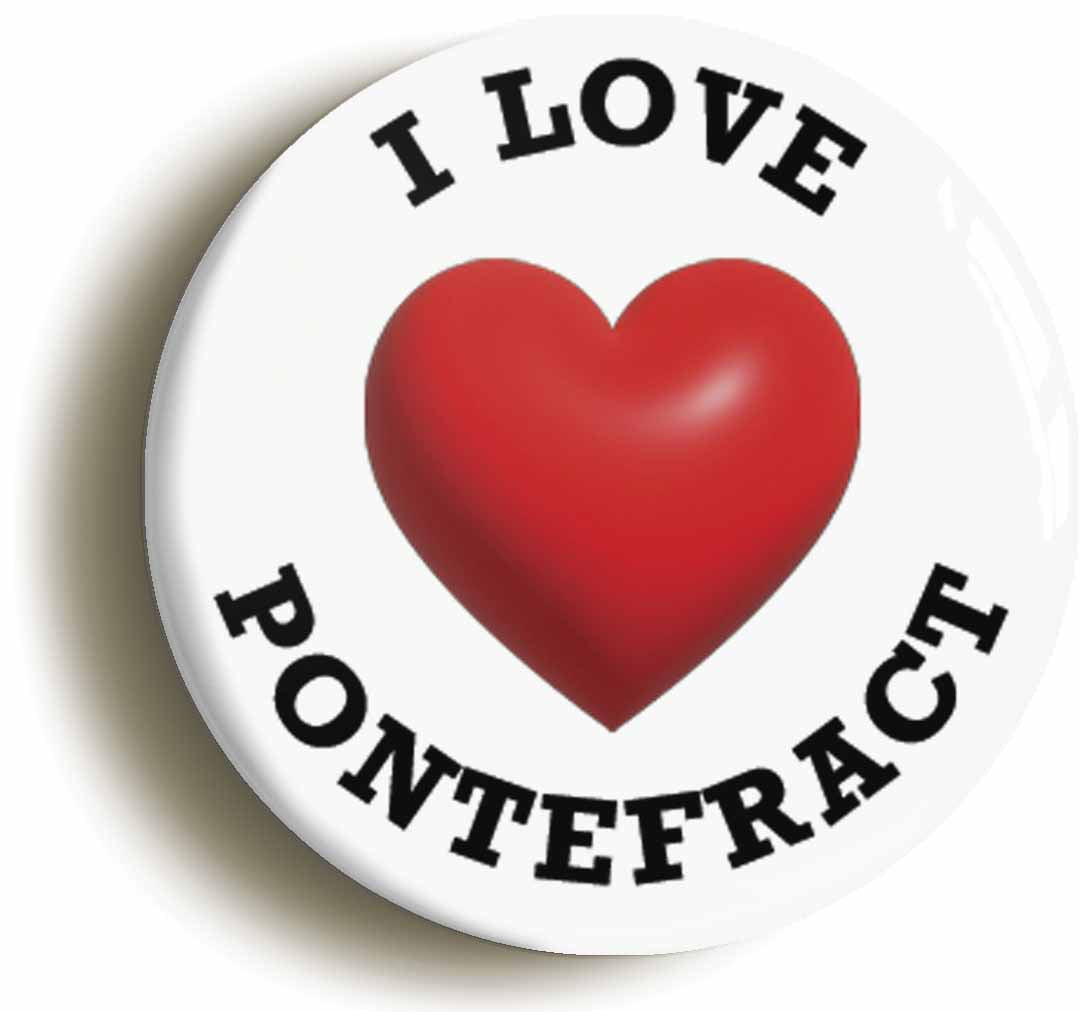 A picture of the front of the product, titled I Heart Love Pontefract Location Circular 50mm Fridge Magnet