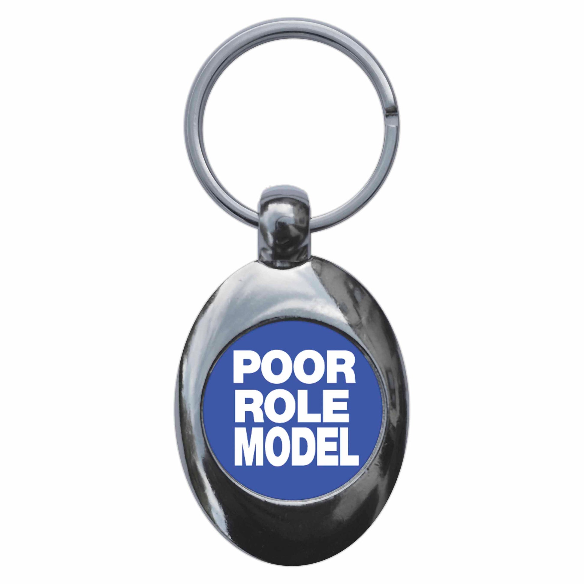 A picture of the front of the product, titled Poor Role Model Metal Keyring With Trolley Coin