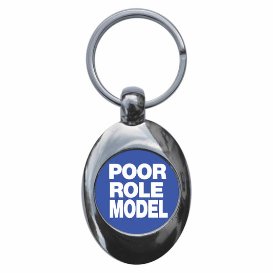 A picture of the front of the product, titled Poor Role Model Metal Keyring With Trolley Coin