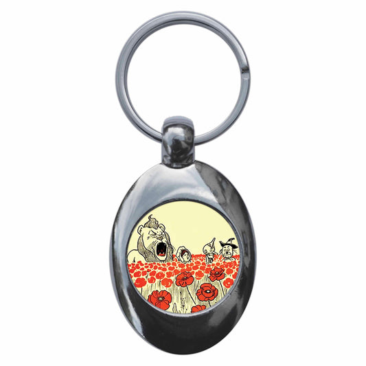 A picture of the front of the product, titled Enchanted Poppies Wonderful Wizard Of Oz Metal Keyring With Trolley Coin