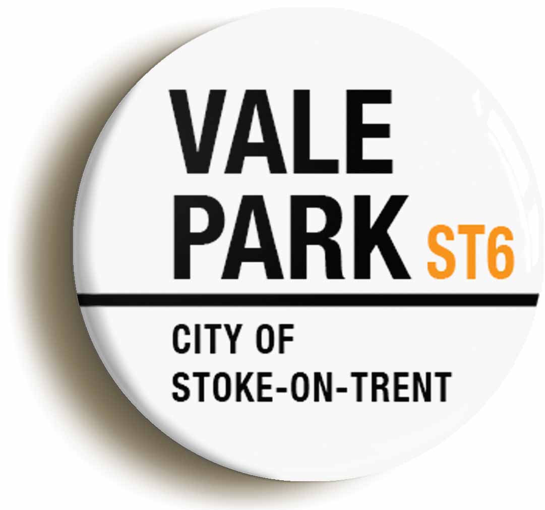 A picture of the front of the product, titled Vale Park ST6 Port Stoke Road Sign Circular 50mm Fridge Magnet