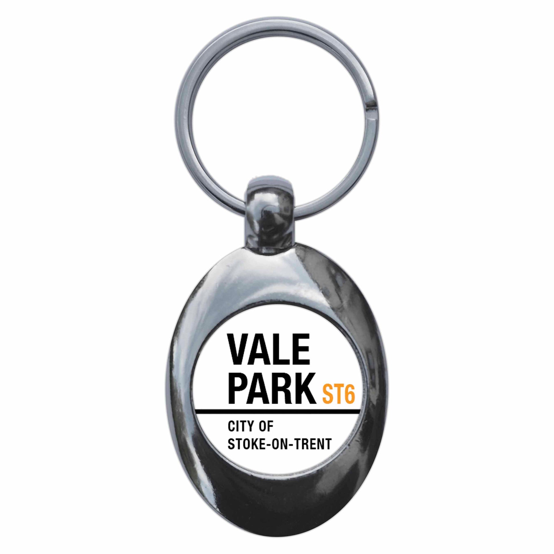 A picture of the front of the product, titled Vale Park ST6 Port Stoke Road Sign Metal Keyring With Trolley Coin