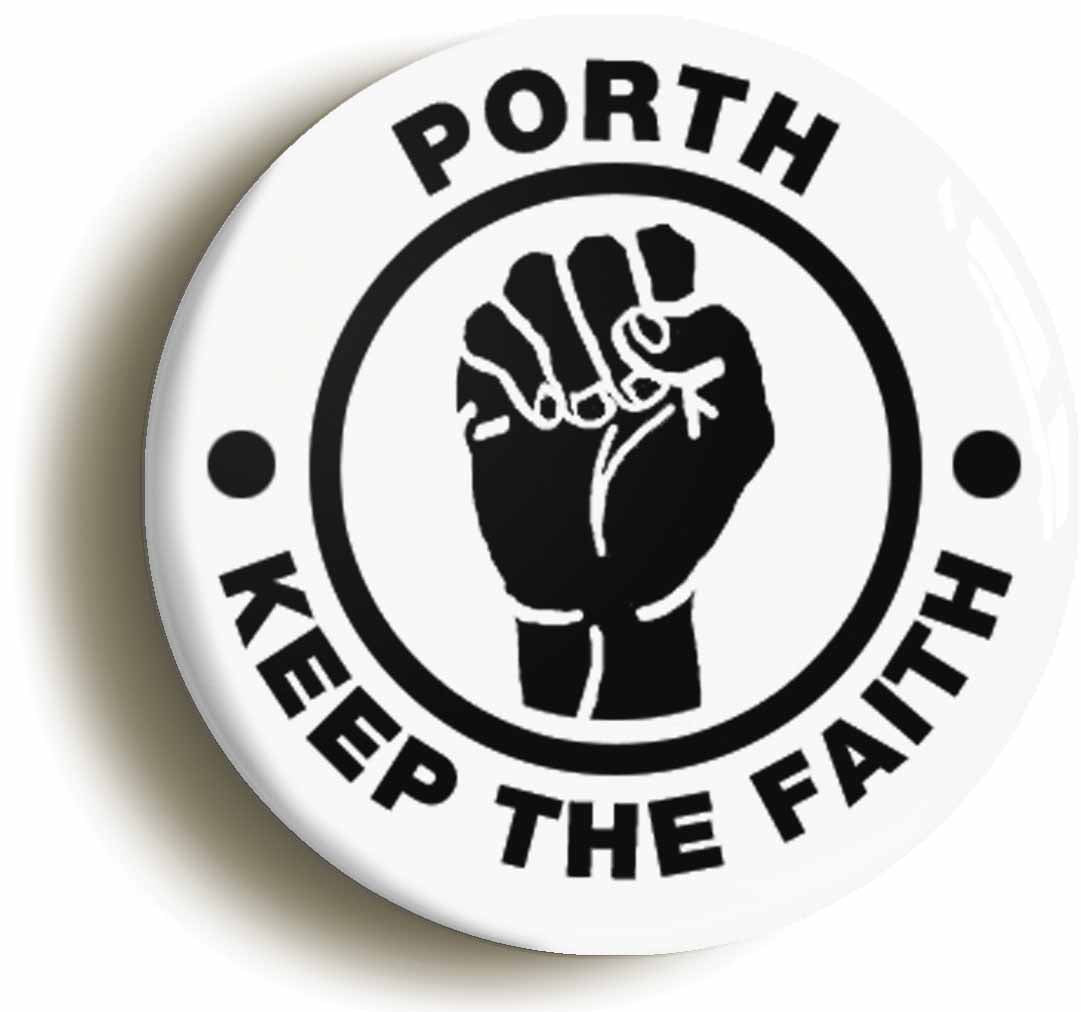 A picture of the front of the product, titled Porth Keep The Faith Button Pin Badge