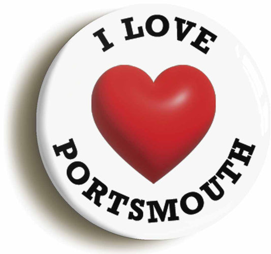 A picture of the front of the product, titled I Heart Love Portsmouth Location Circular 50mm Fridge Magnet