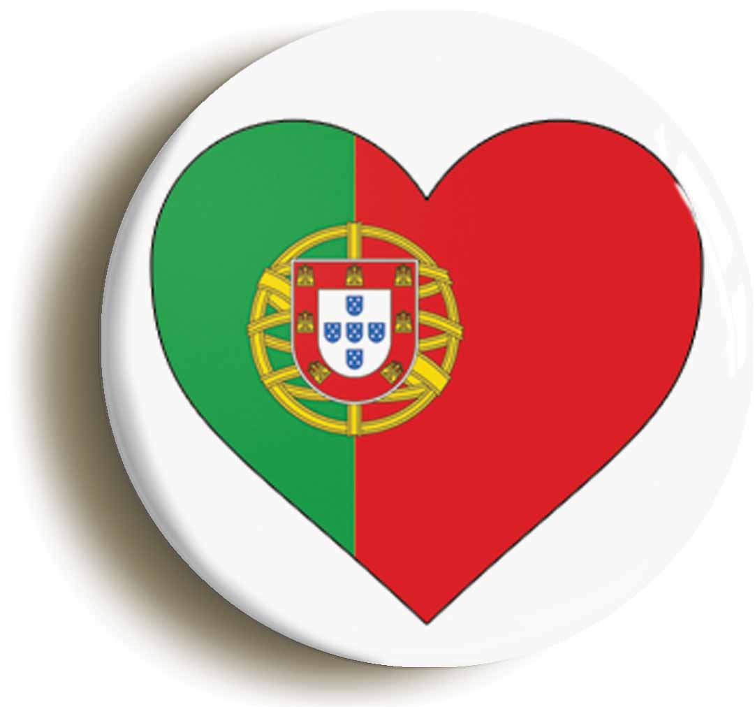 A picture of the front of the product, titled Portugal Portuguese Flag Heart Button Pin Badge