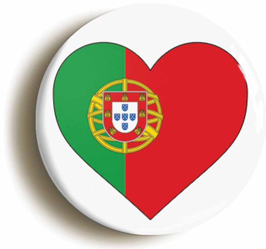 A picture of the front of the product, titled Portugal Portuguese Flag Heart Button Pin Badge
