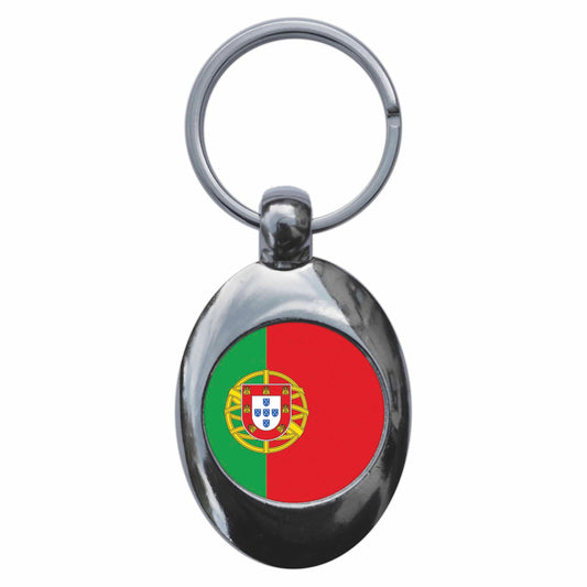 A picture of the front of the product, titled Portugal Portuguese National Flag Metal Keyring With Trolley Coin