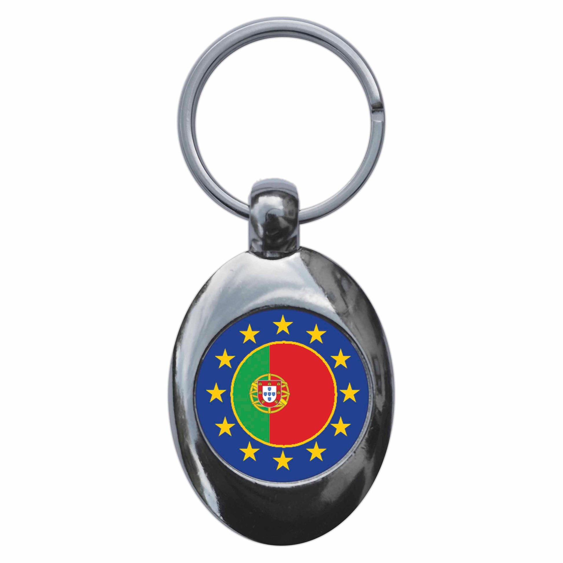 A picture of the front of the product, titled Portugal European Union Split Flag Metal Keyring With Trolley Coin
