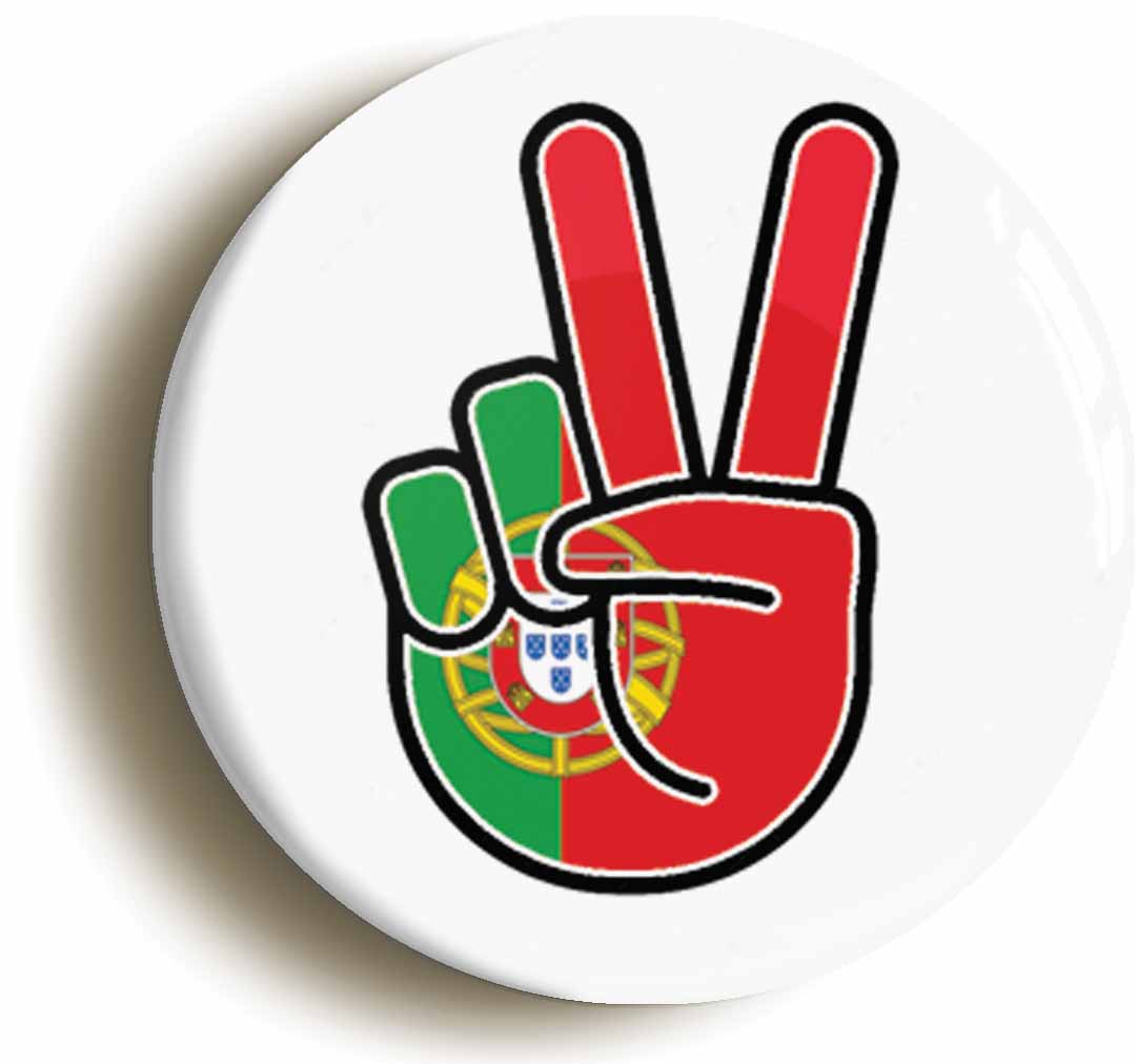 A picture of the front of the product, titled Portugal Portuguese National Flag Peace Sign V Button Pin Badge