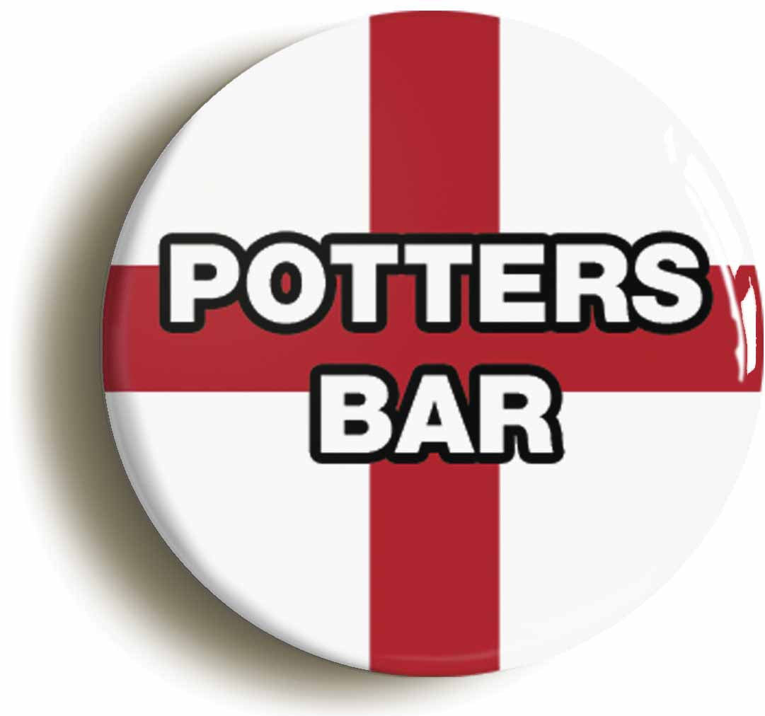 A picture of the front of the product, titled Potters Bar England Flag Button Pin Badge