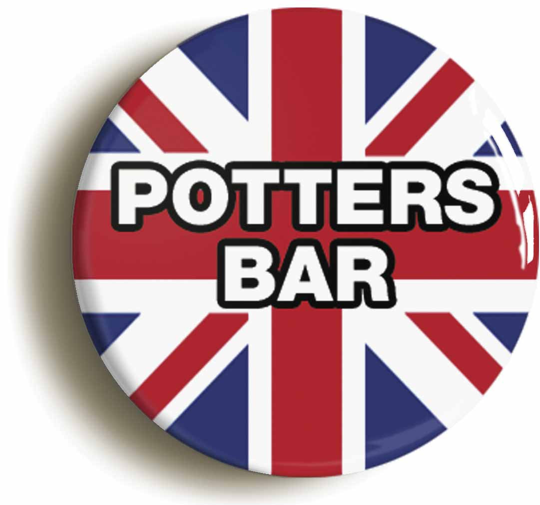 A picture of the front of the product, titled Potters Bar Union Jack Button Pin Badge
