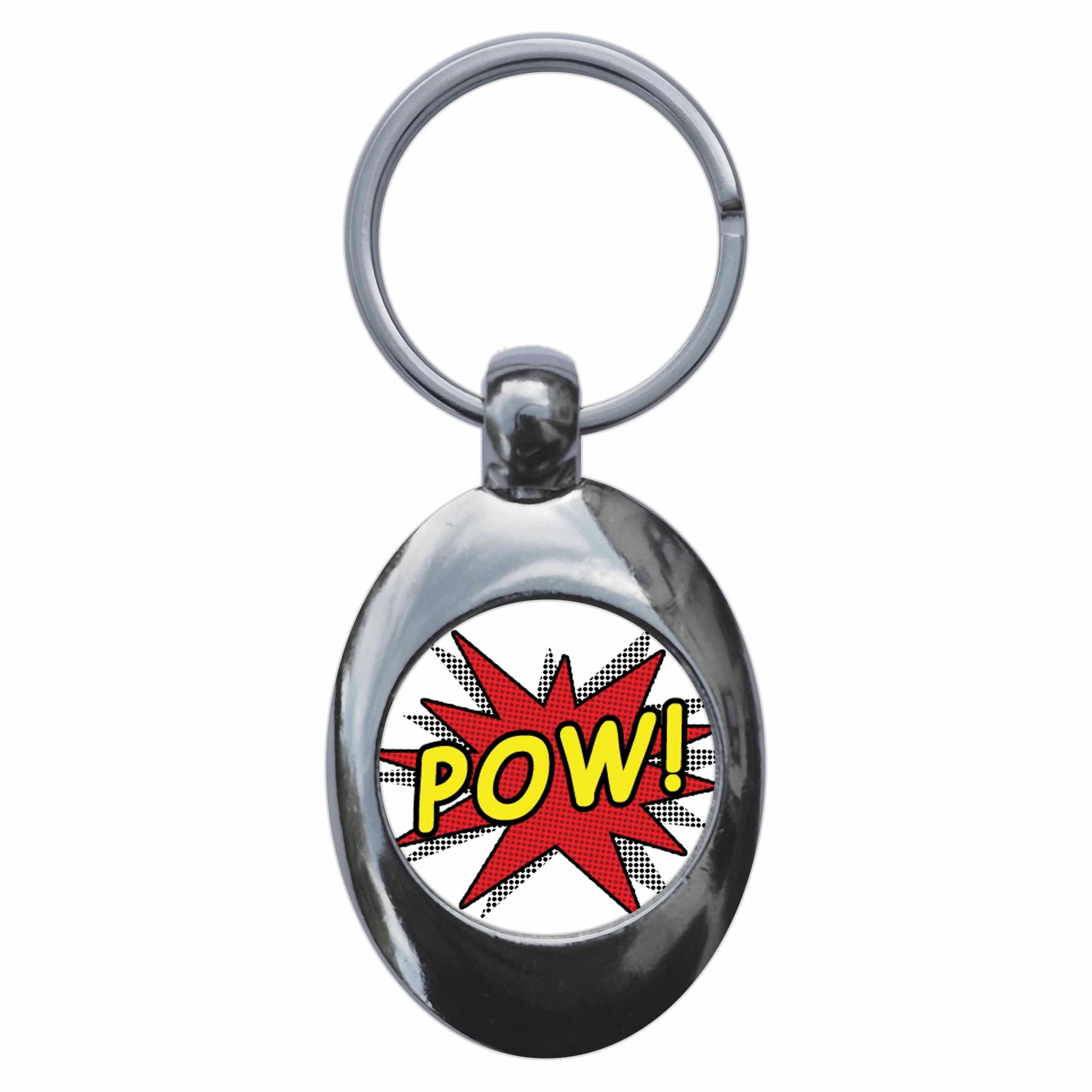A picture of the front of the product, titled Pow! Comic Metal Keyring With Trolley Coin