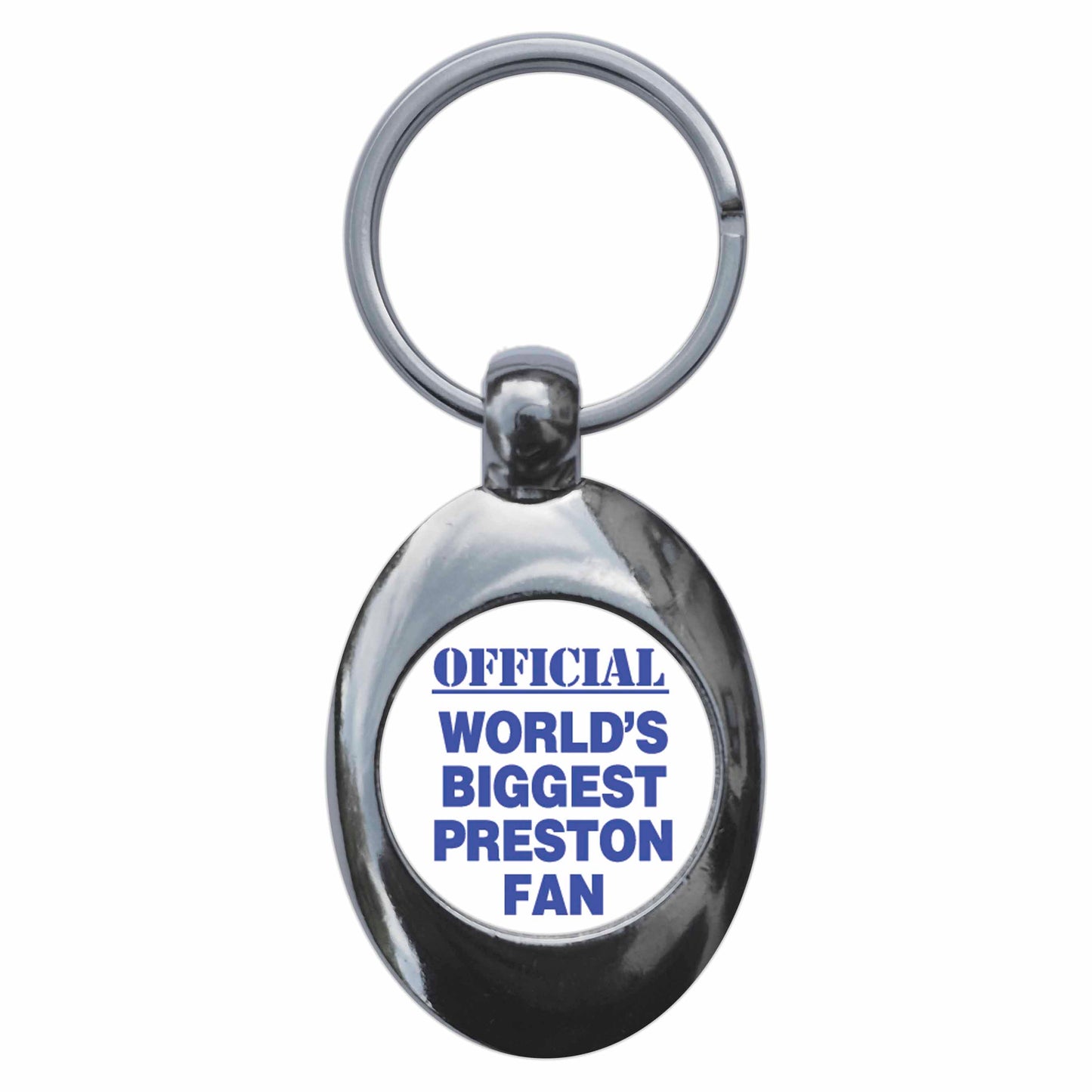 A picture of the front of the product, titled World's Biggest Preston Fan Metal Keyring With Trolley Coin