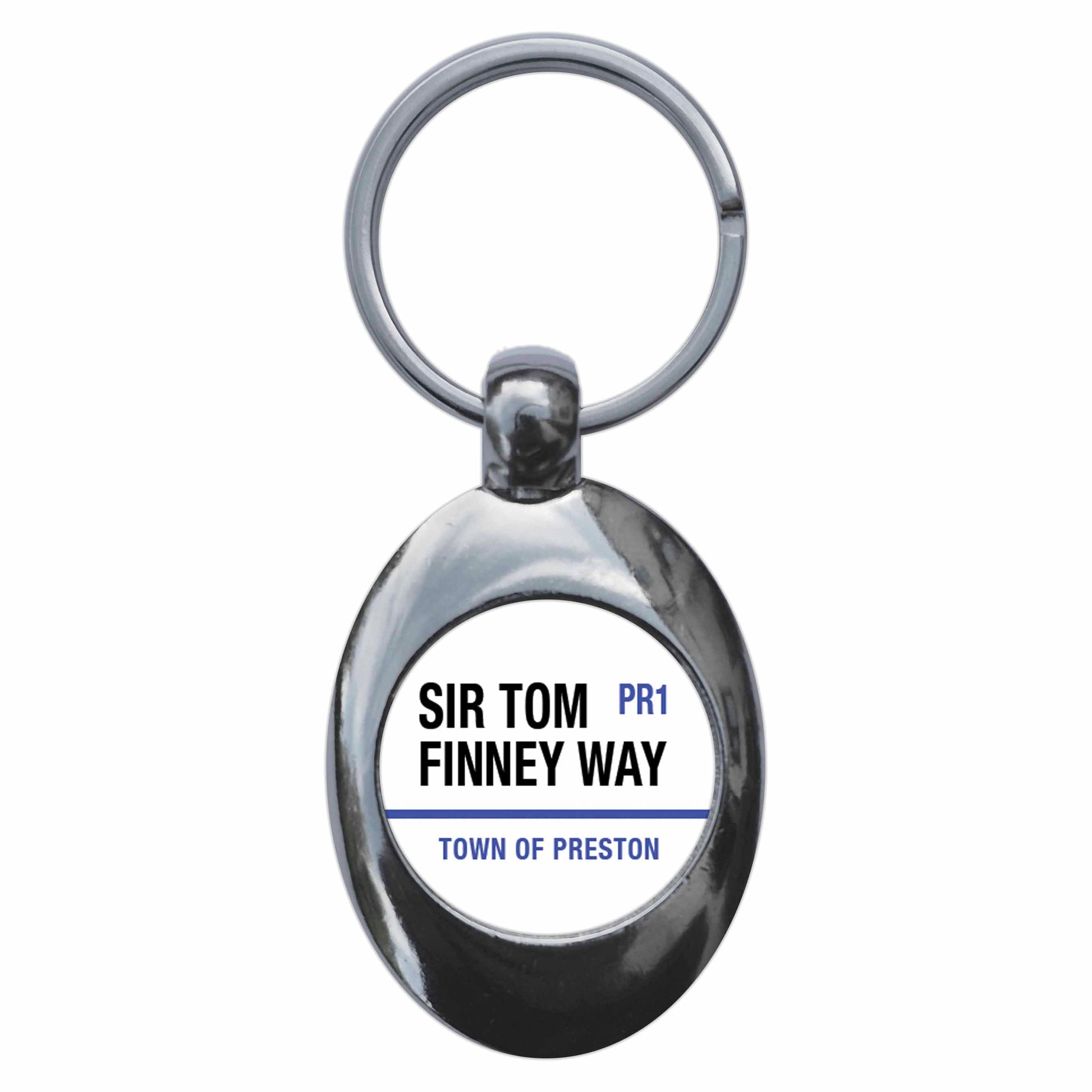 A picture of the front of the product, titled Sir Tom Finney Way PR1 Preston Road Sign Metal Keyring With Trolley Coin